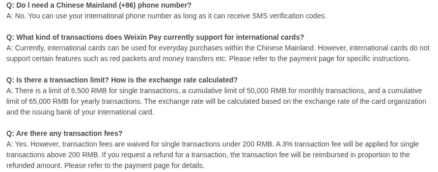 WeChat Help Center FAQ: no +86 number needed; limits of 6,500, 50,000 and 65,000 yuan; fees waived under 200 yuan and 3% above